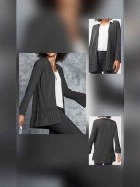 Chico's SZ 0/S Open Front Longline Lagenlook Black Pleated Faux Pearl Cardigan